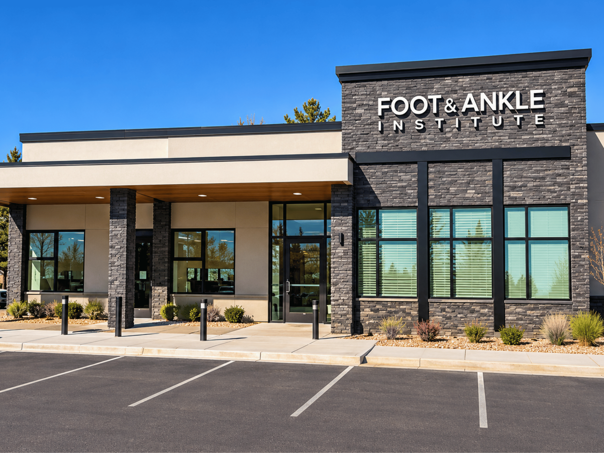 Front facade elevation of Foot & Ankle Institute featuring stacked stone signage tower, covered entrance canopy, and large storefront windows