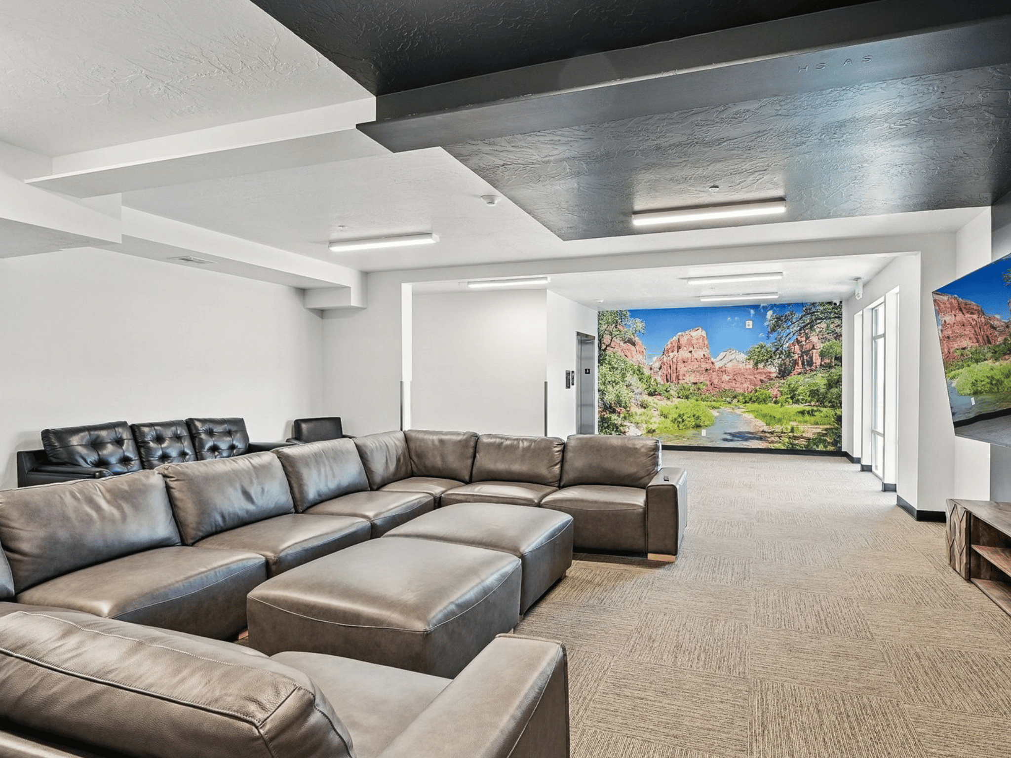 Resident TV lounge with large sectional sofa, wall-mounted display, and scenic canyon wall mural