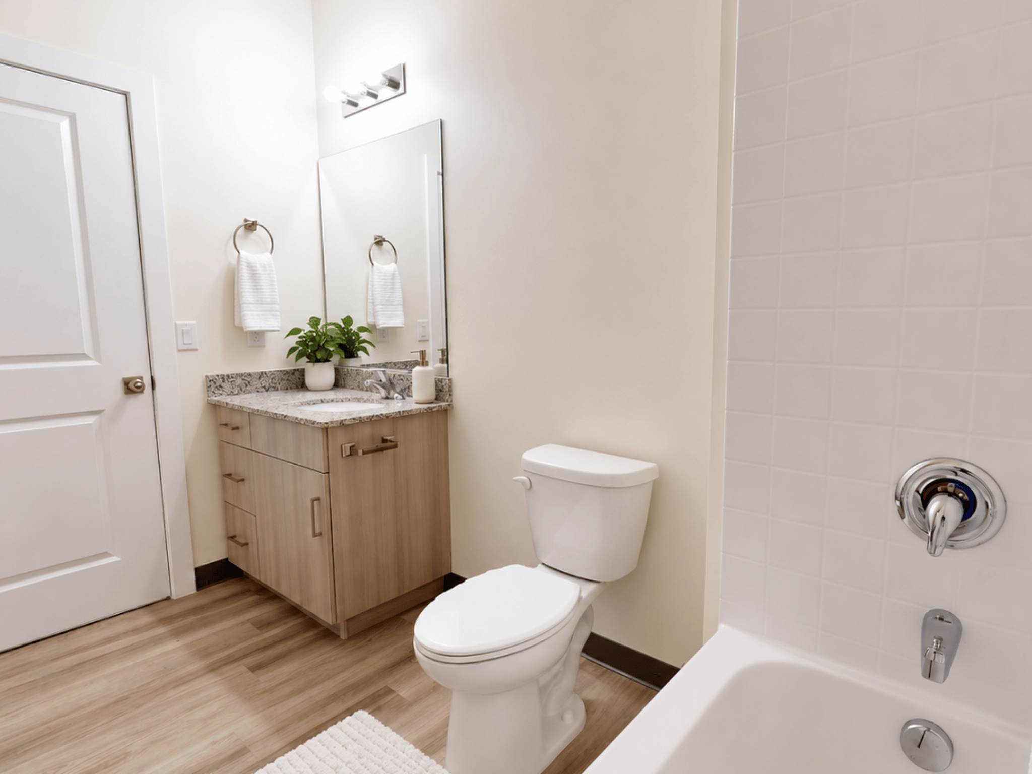 Finished apartment bathroom with vanity sink, framed mirror, tiled bathtub and shower combination, and modern chrome fixtures