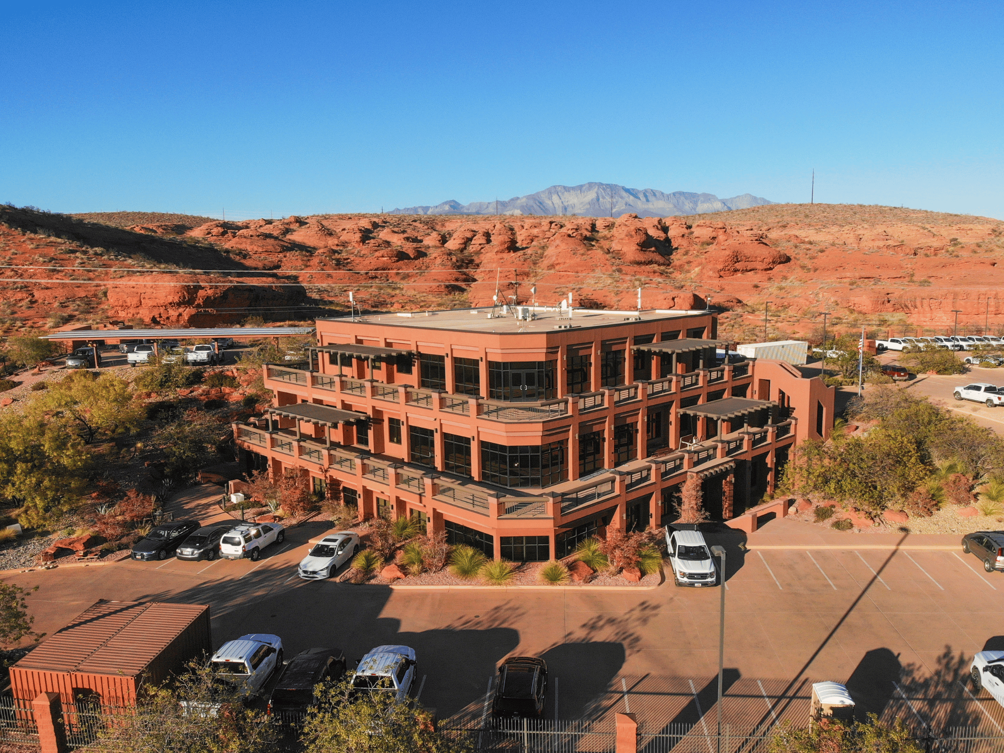 Aerial view of Washington County Water Conservancy District three-story building in St. George, Utah