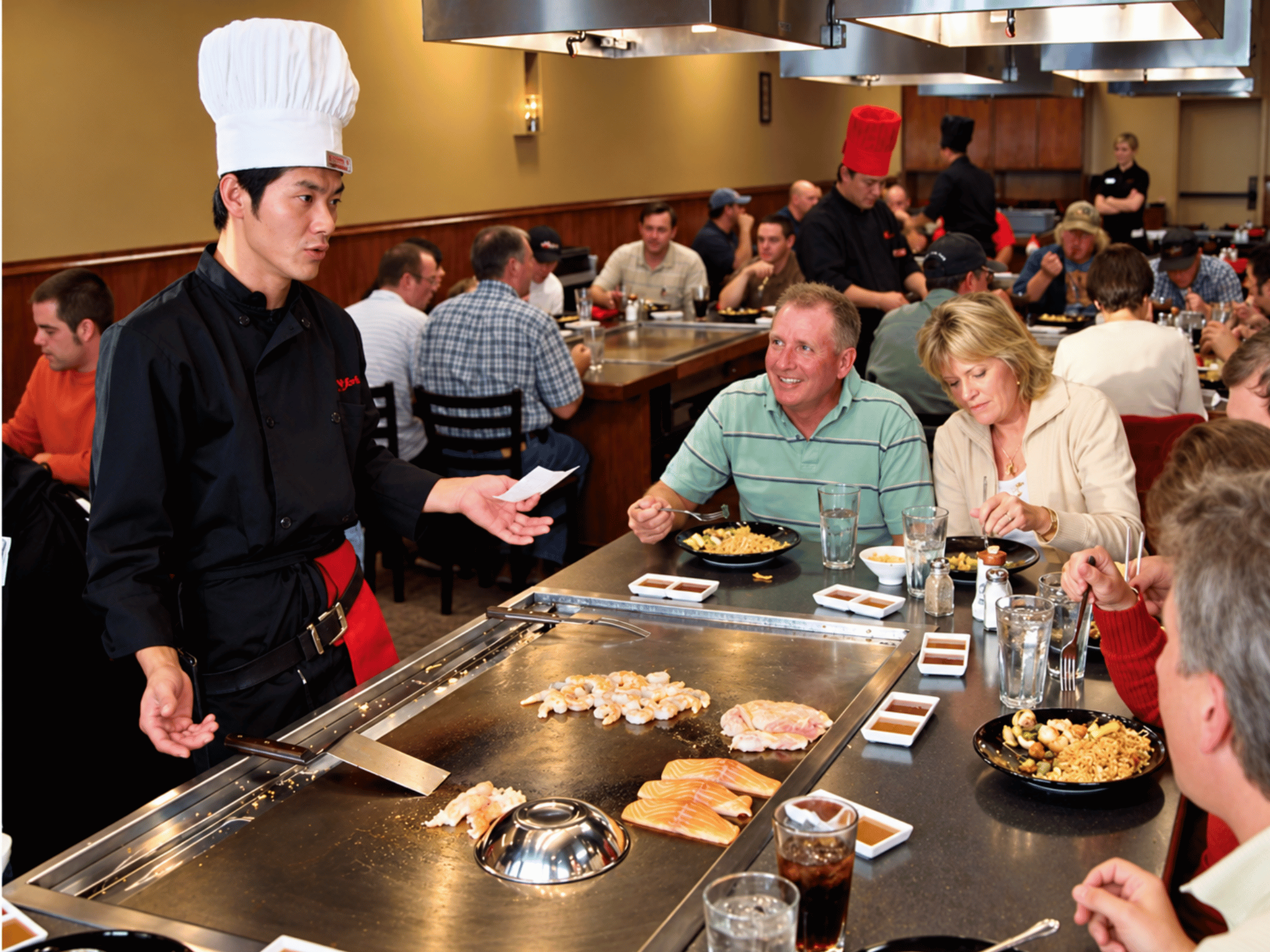 Hibachi chef preparing entrees on the stainless teppanyaki grill with commercial exhaust hood system