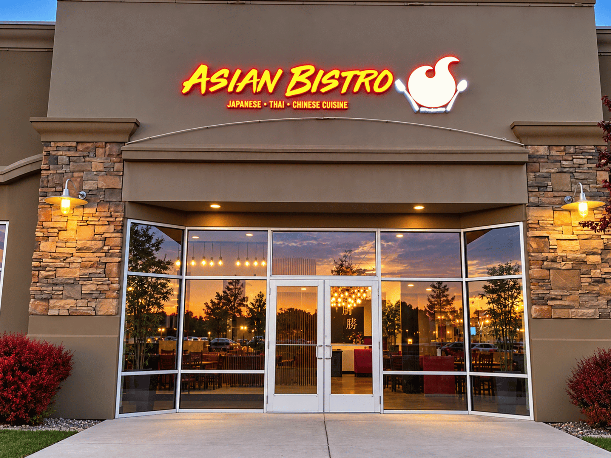 Exterior storefront of Asian Bistro in Cedar City, Utah at golden hour with glowing neon signage and stonework