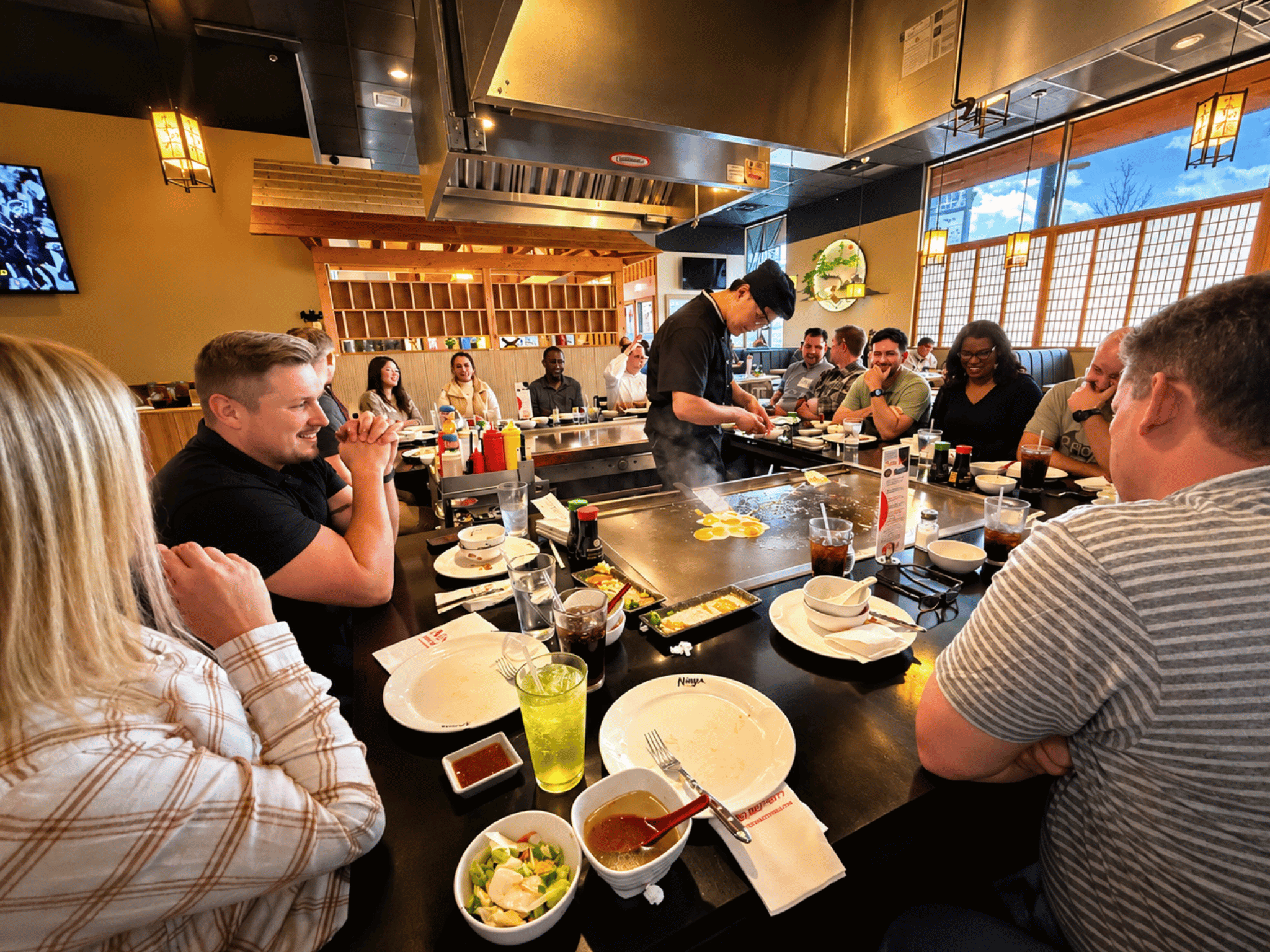 Teppanyaki grill table with commercial overhead ventilation hoods, hibachi chef, and dining patrons