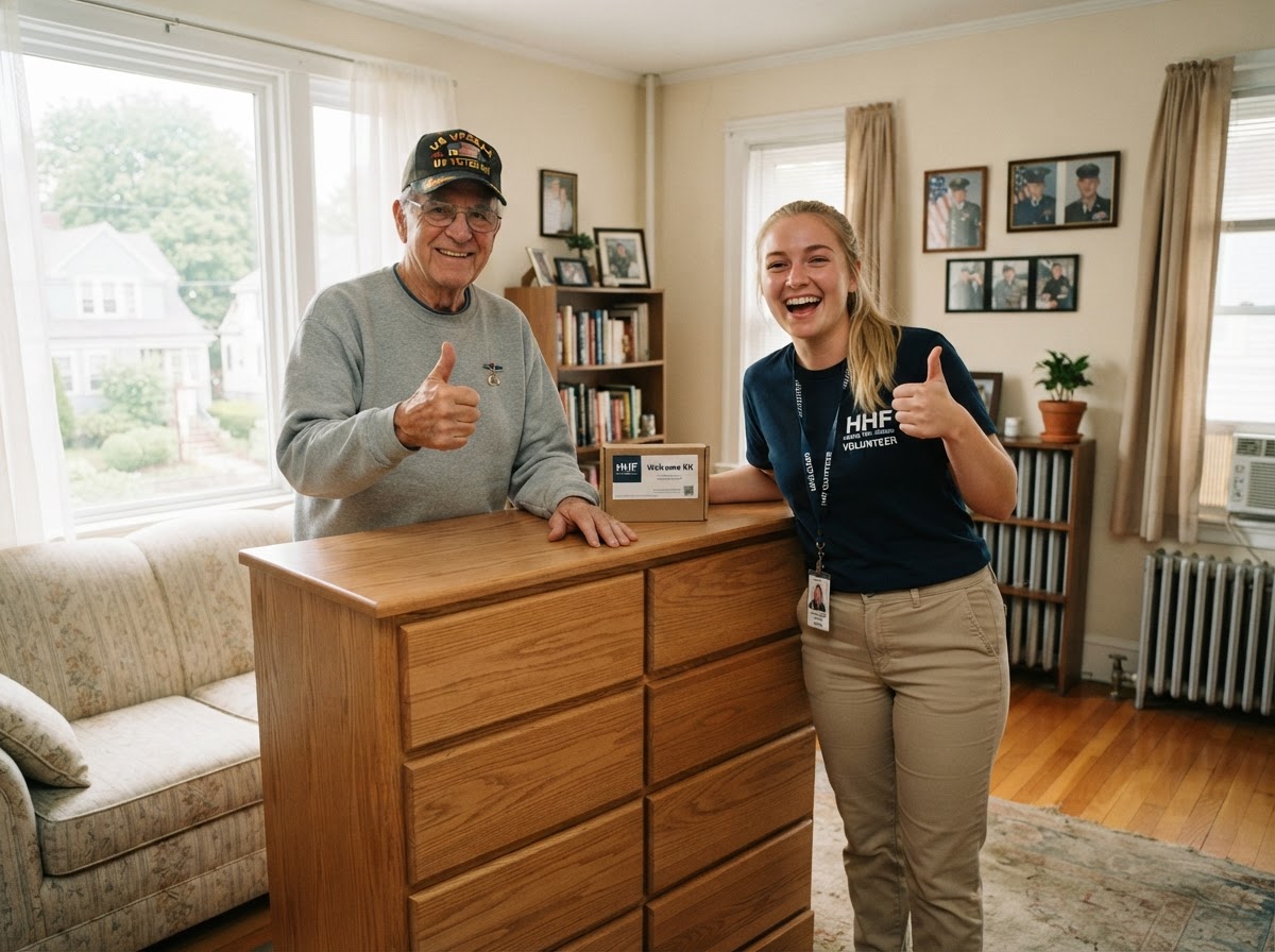 A U.S. veteran and an HHF volunteer giving a thumbs up next to a delivered solid wood dresser