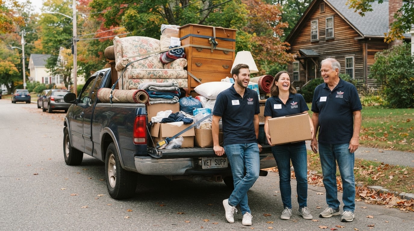 Volunteers smiling in a truck loaded with furniture for delivery to veterans