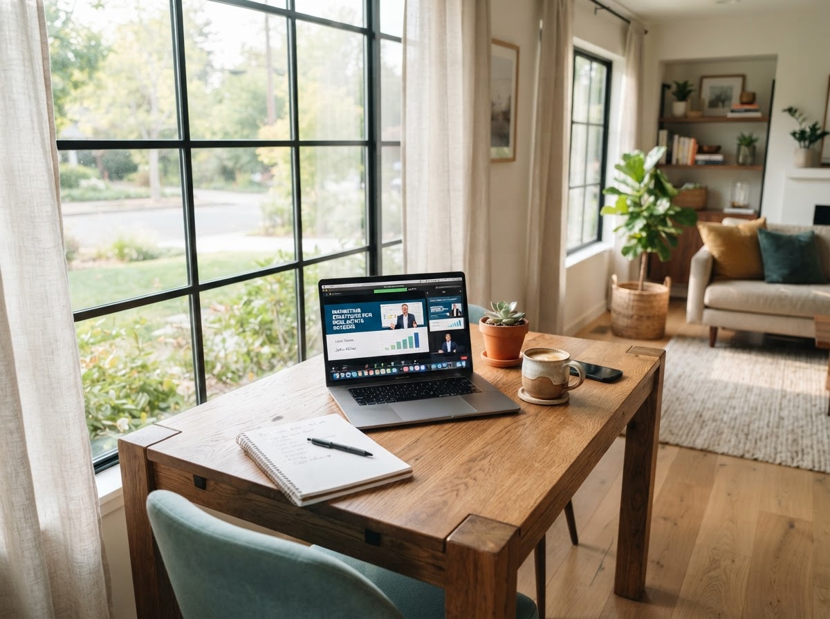 A bright, welcoming home study setup for a real estate educational webinar