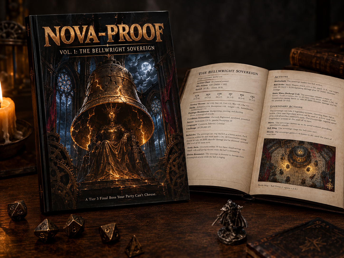 Nova-Proof Vol. 1: The Bellwright Sovereign hardcover book showing a crowned sovereign under a giant cracked bronze bell in a moonlight cathedral, alongside the open 5e boss stat block and battle map