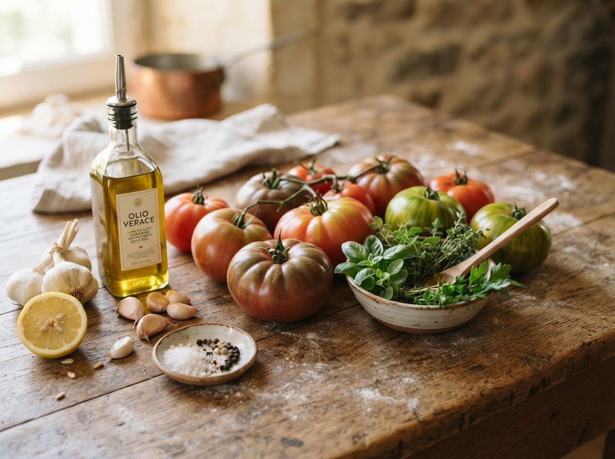 Fresh seasonal ingredients on a rustic wooden surface