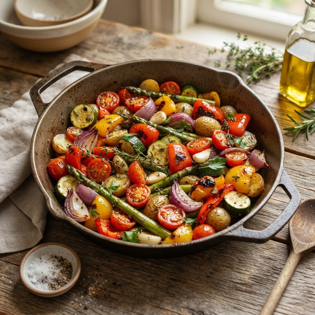 Farm-to-table roasted vegetables in a cast iron pan