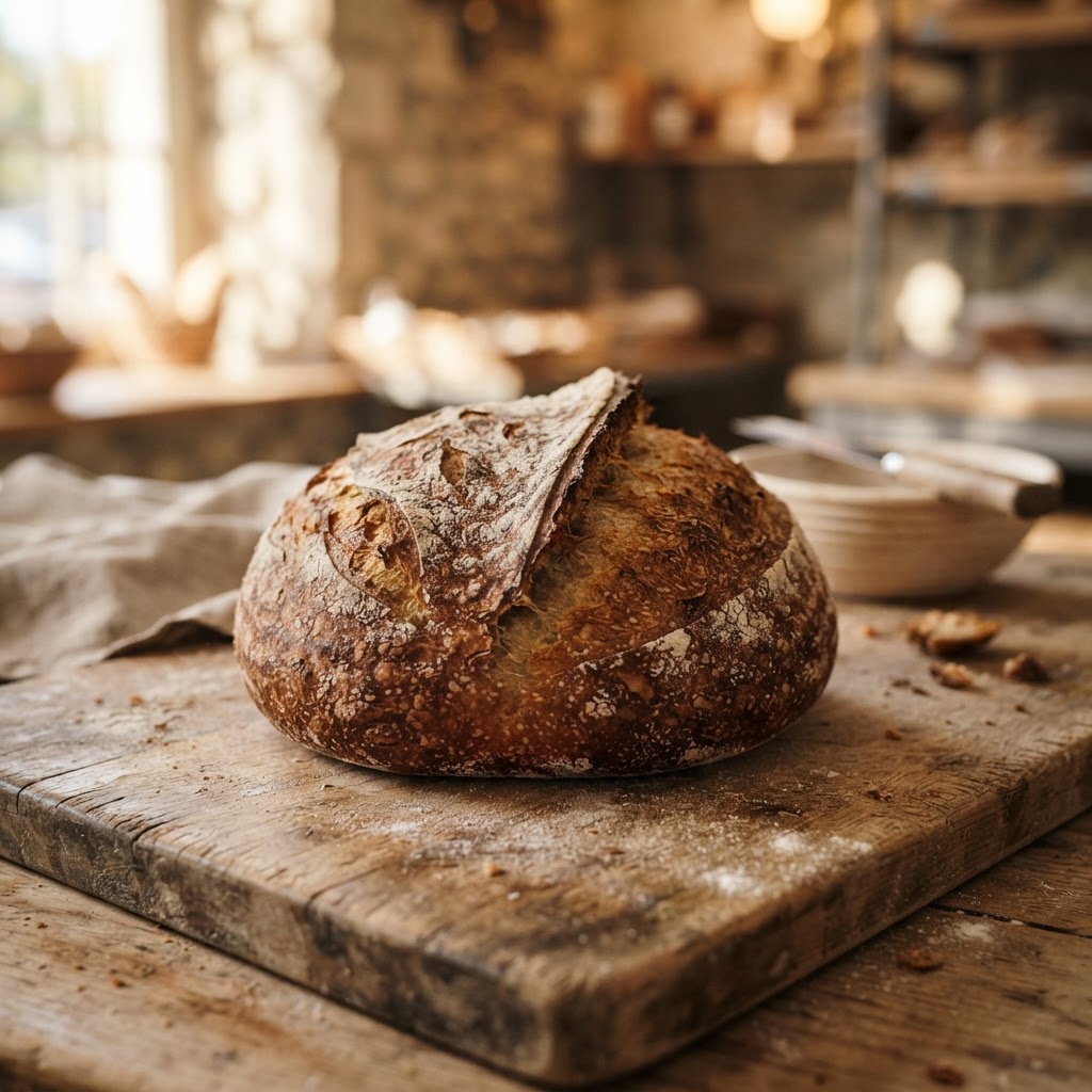 Freshly baked artisanal sourdough bread with crackled crust