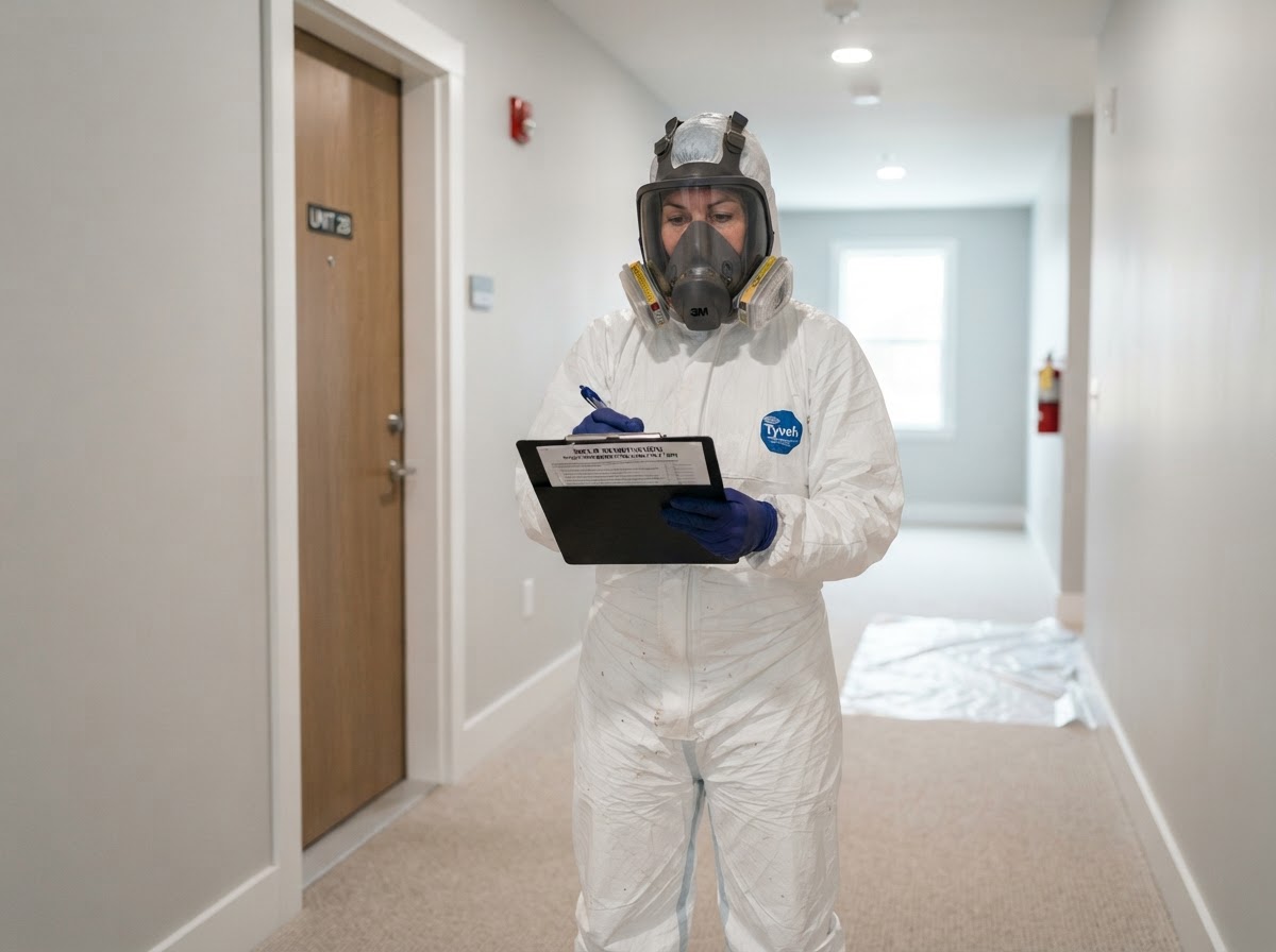 Mold remediation technician in protective gear during an inspection