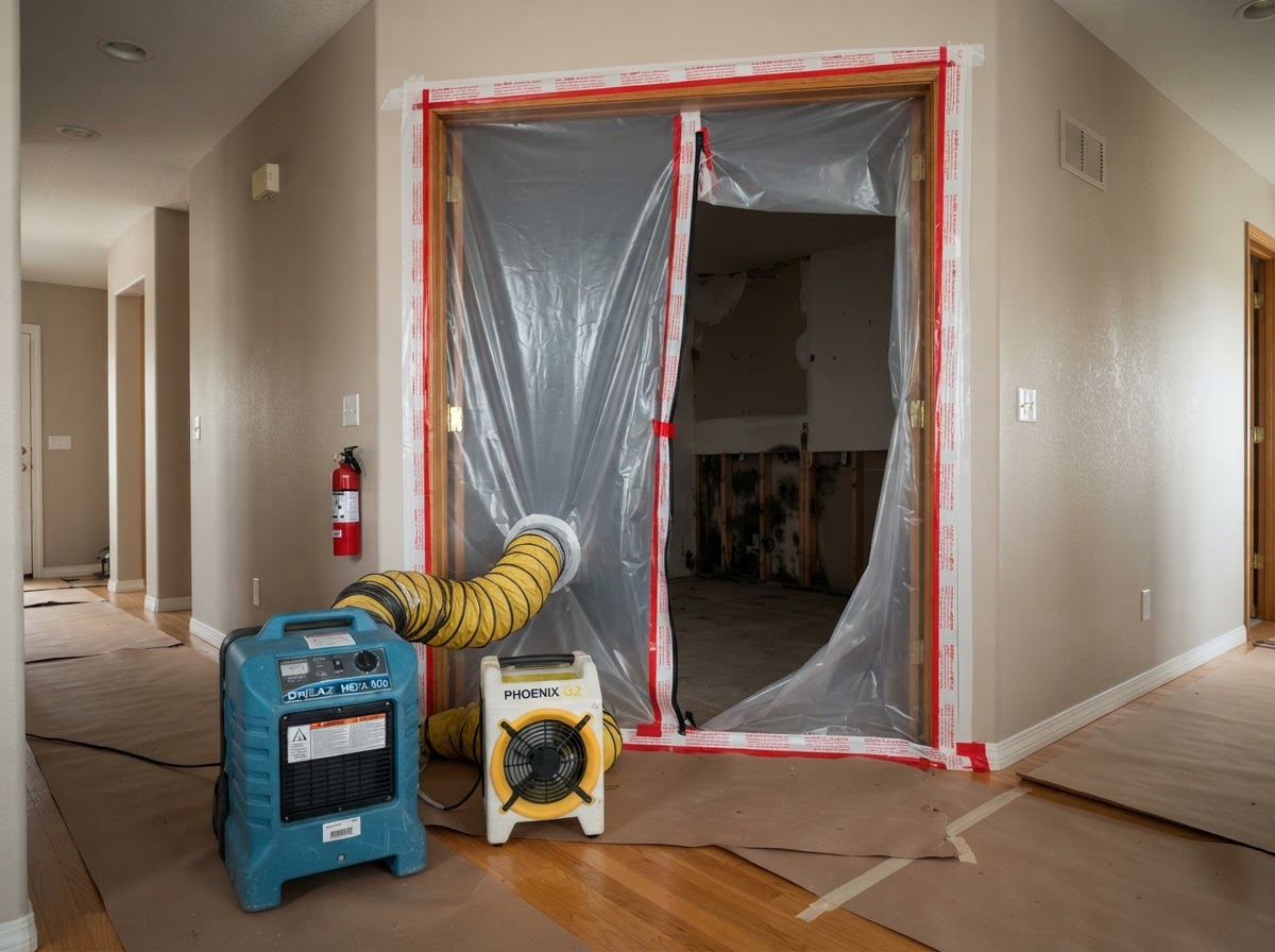 Containment barriers and negative-air setup during a mold remediation job