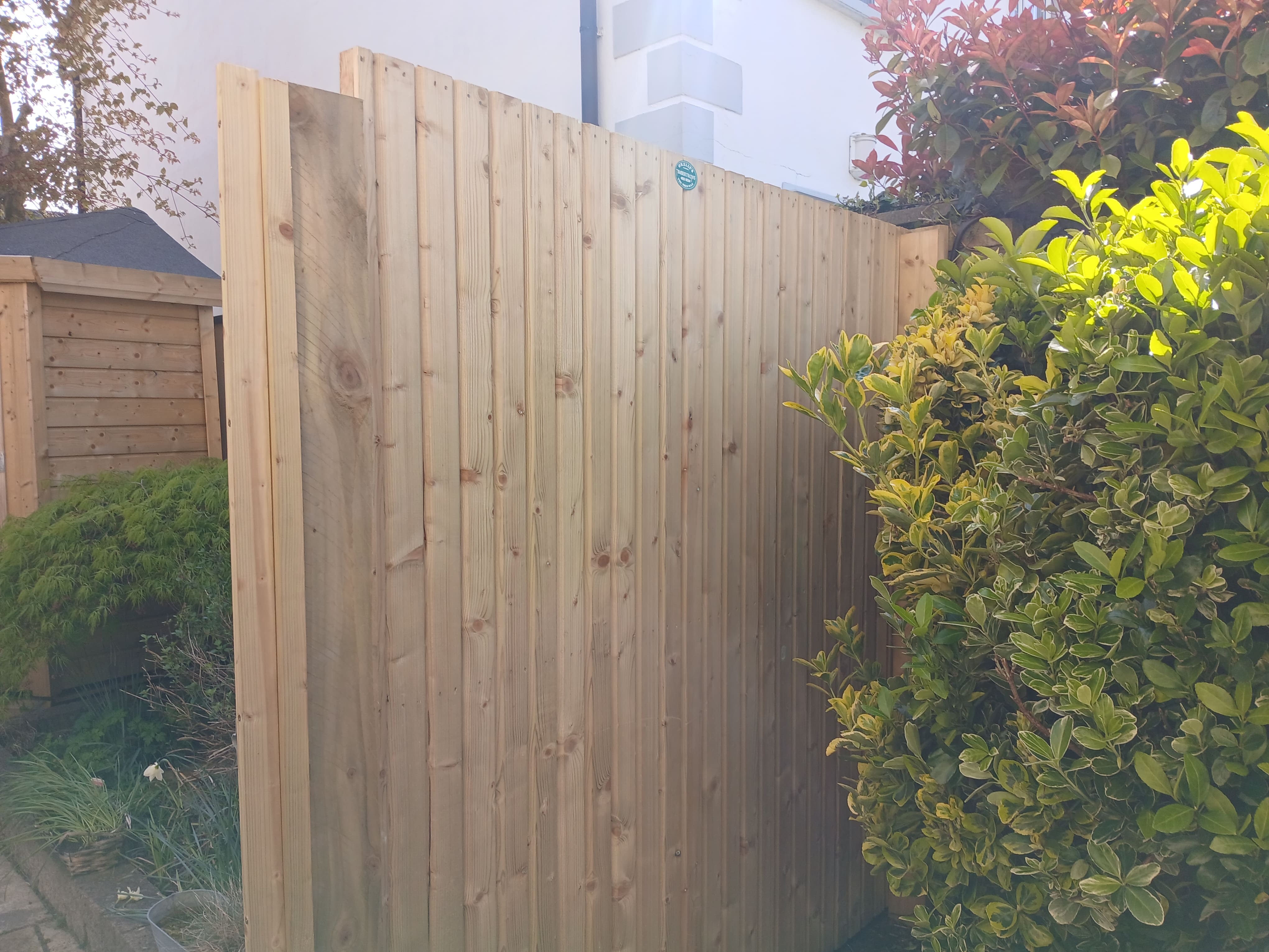 Side profile of vertical close-board timber fence panel standing flush next to mature hedging in Dublin South Side.