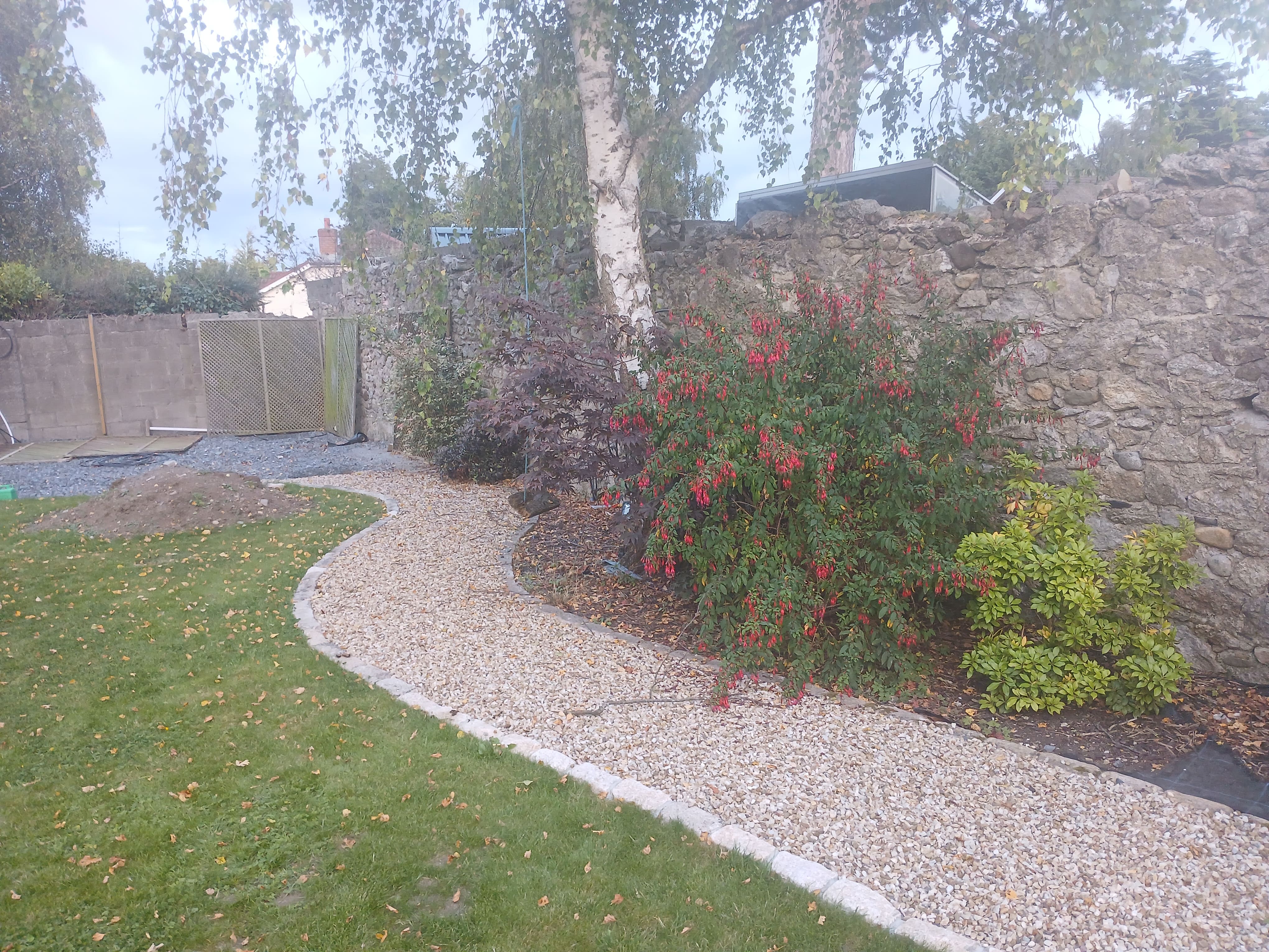 Curved golden gravel pathway with granite cobble setts edging running alongside mature planting borders and a stone wall in Dublin South Side.