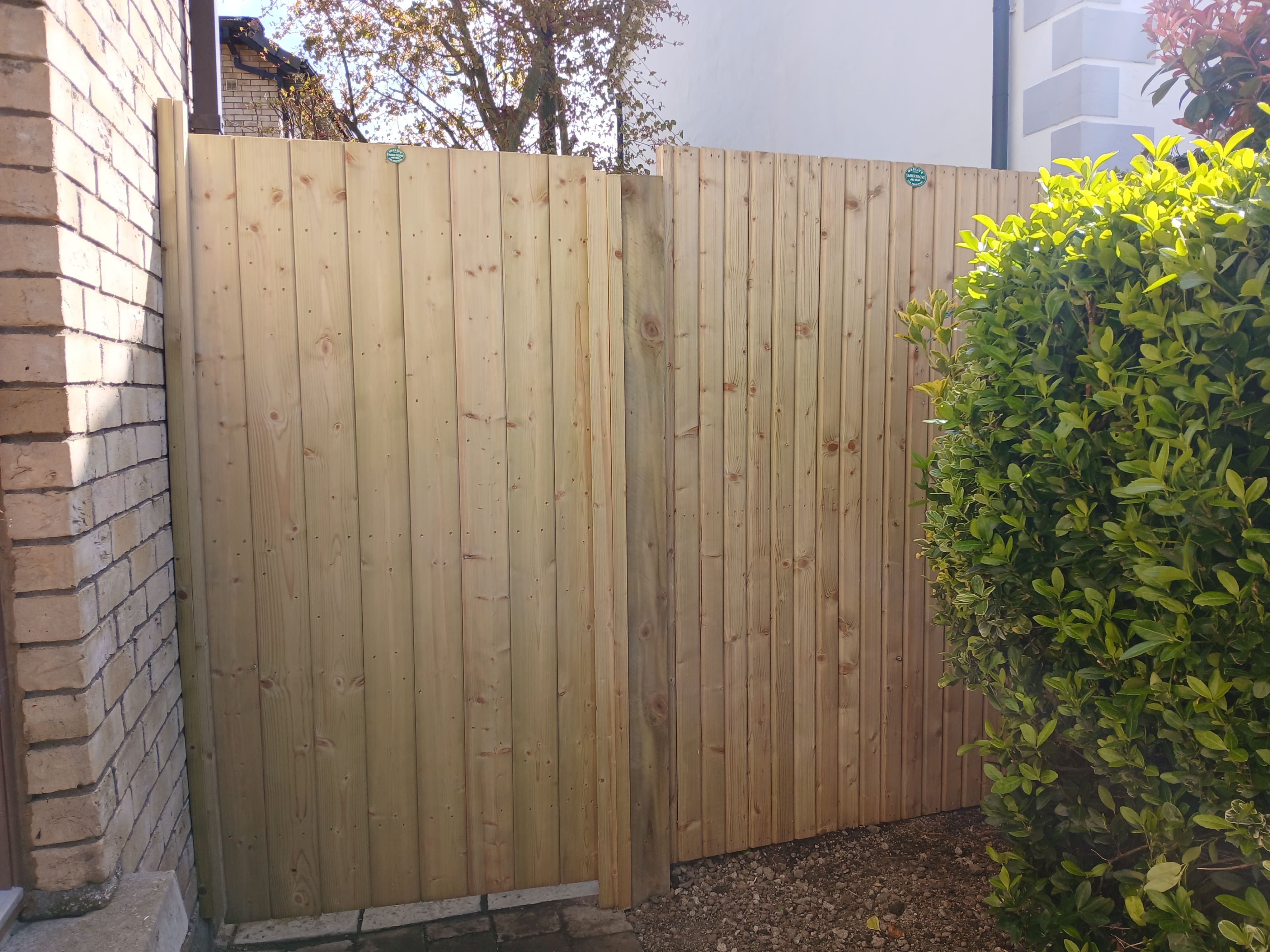 Front view of the finished timber fence and closed gate set cleanly against brick paving in a Dublin South Side garden.