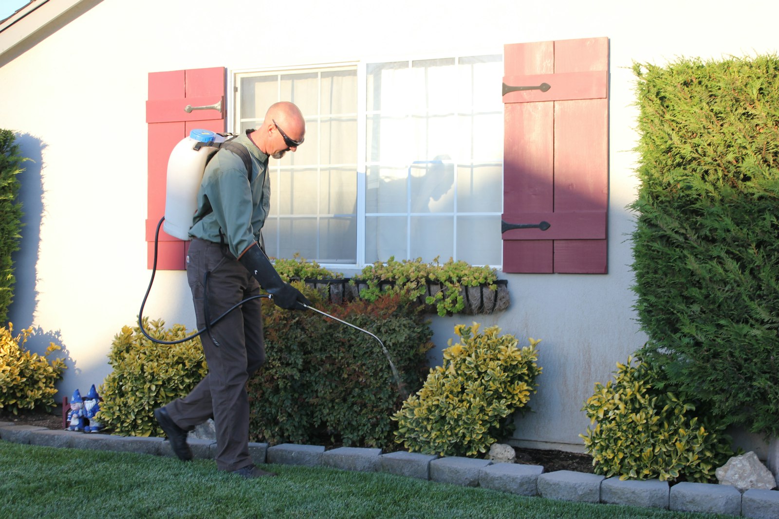 Pest control technician inspecting a home exterior
