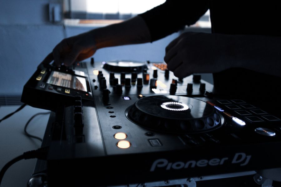 Close-up of DJ equipment during a mixing session