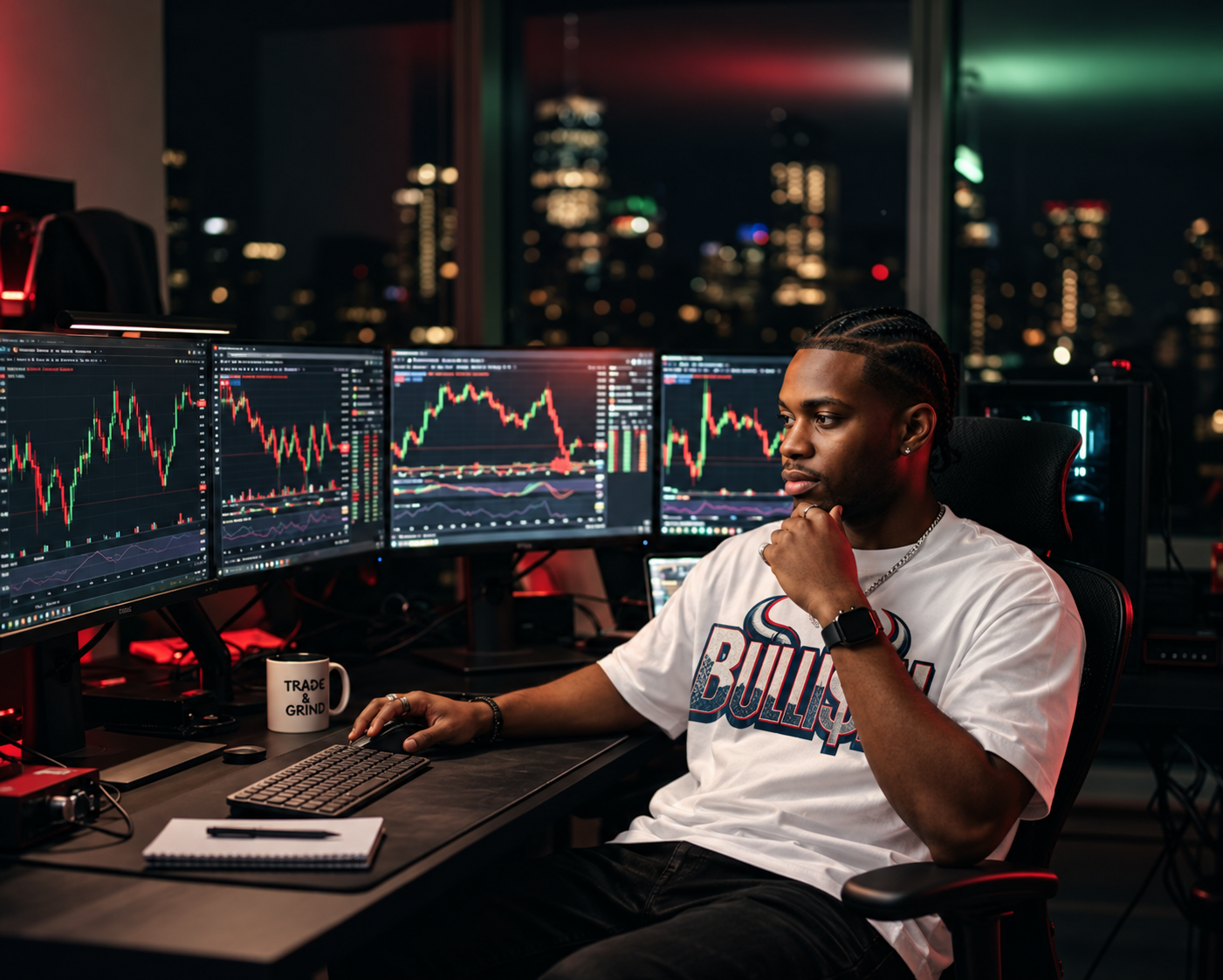 TrappingFX Forex Trader wearing BULLI$H Session Tee at Trading Station
