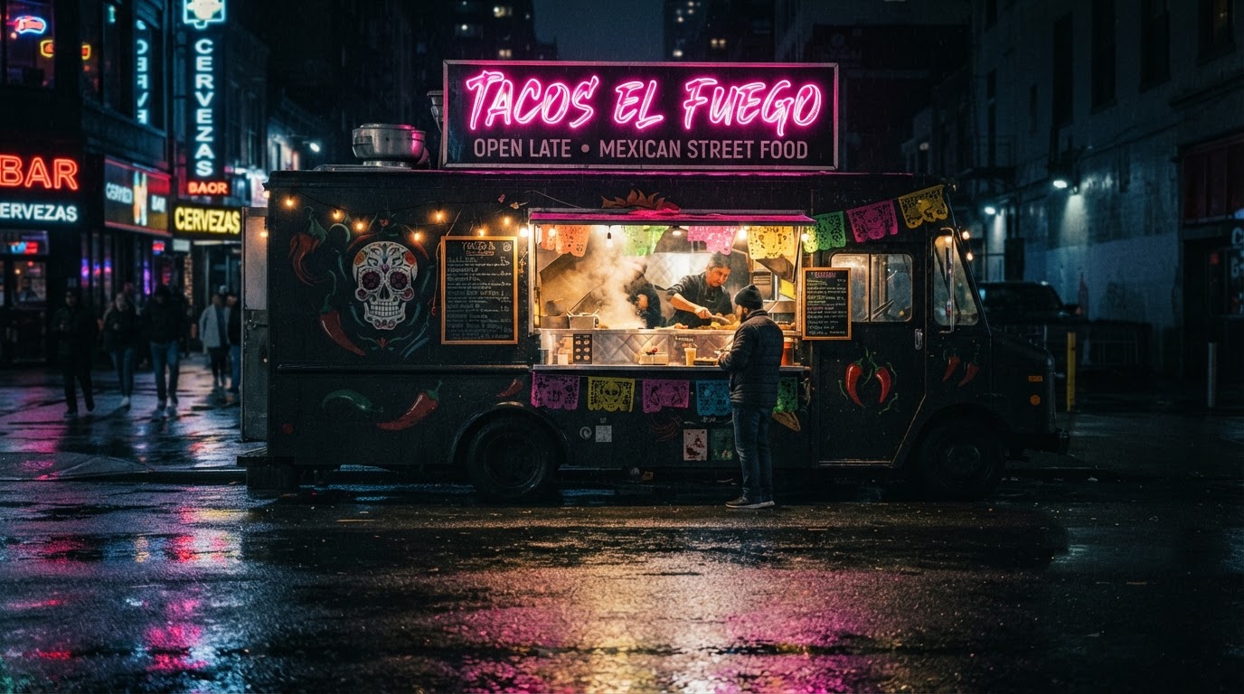 Cholos Tacos matte black food truck under neon