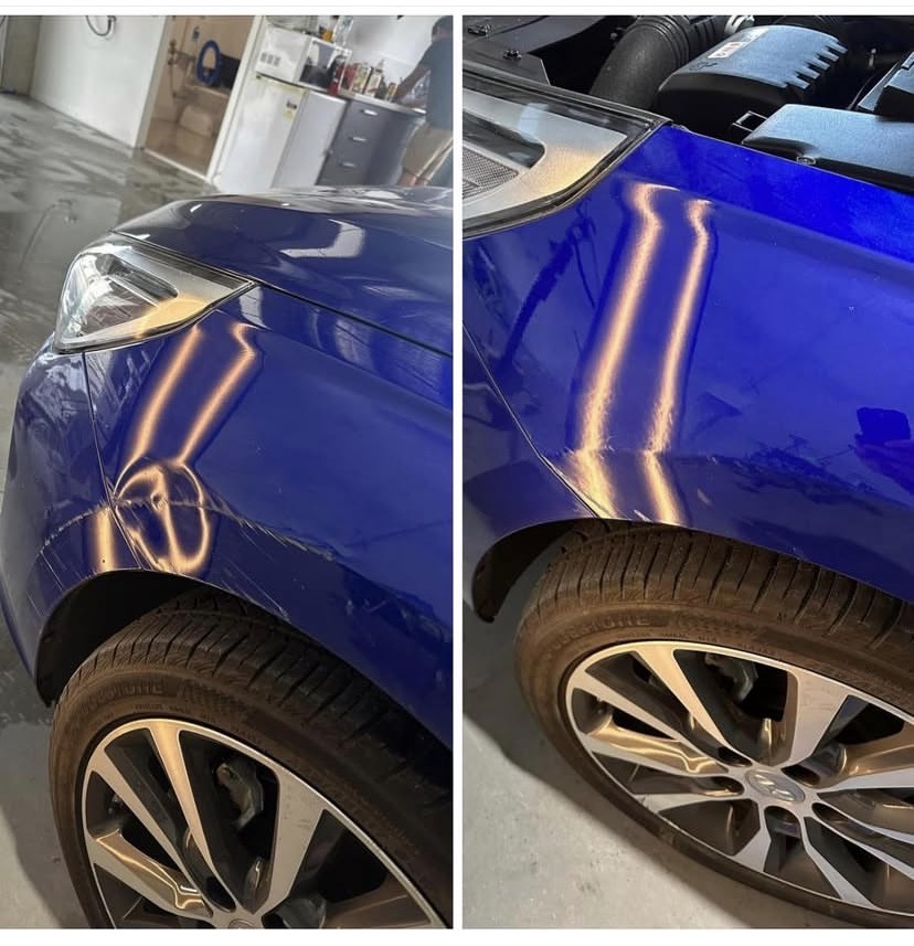 Hyundai electric blue wing dent repair before and after