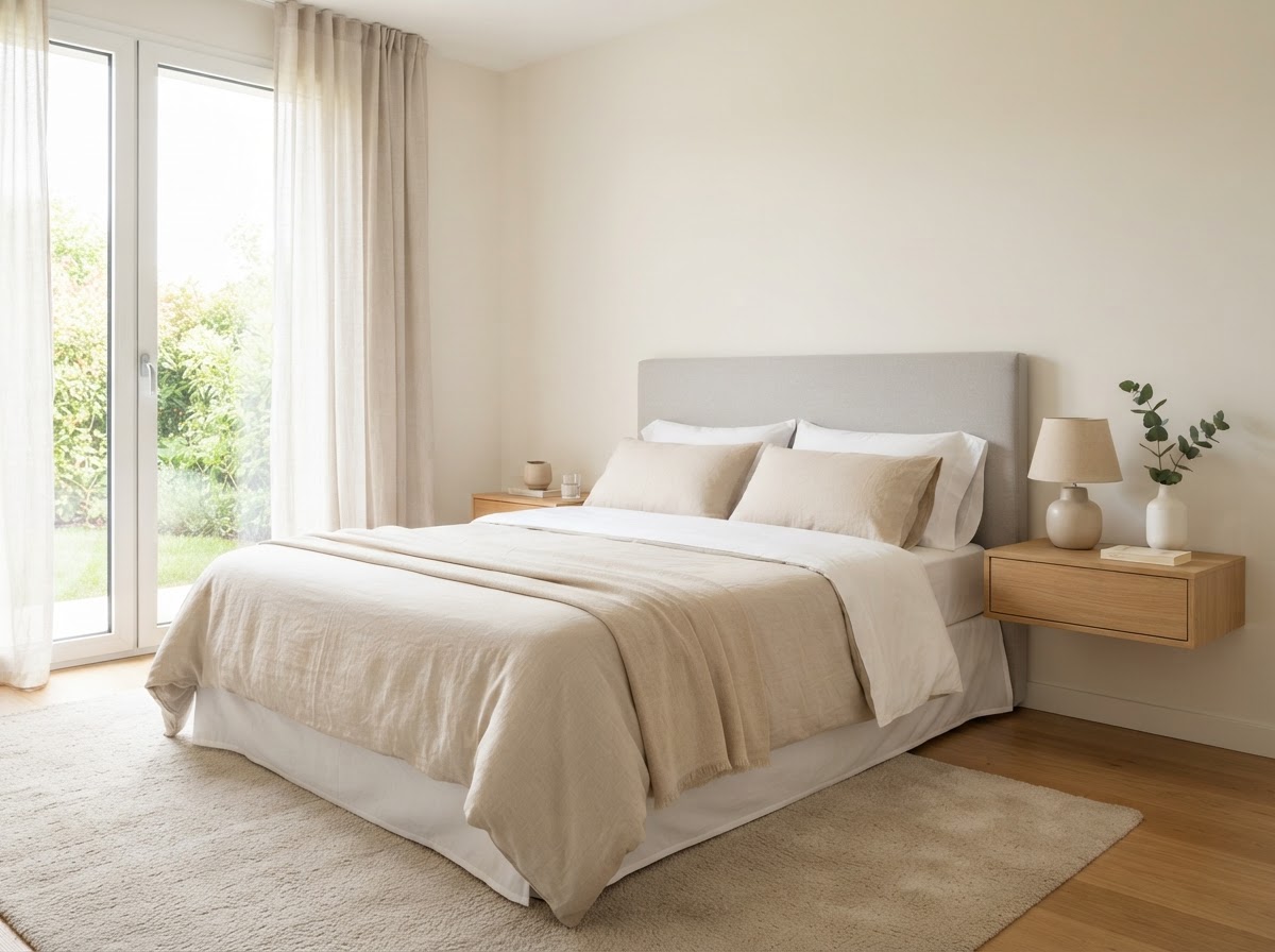 A clean, bright bedroom with crisp linens
