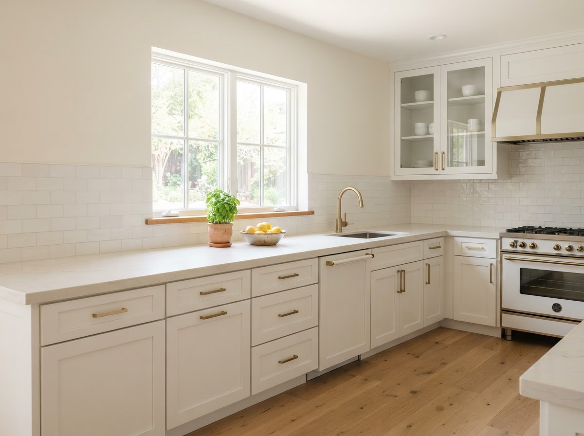 A spotless modern kitchen with light countertops