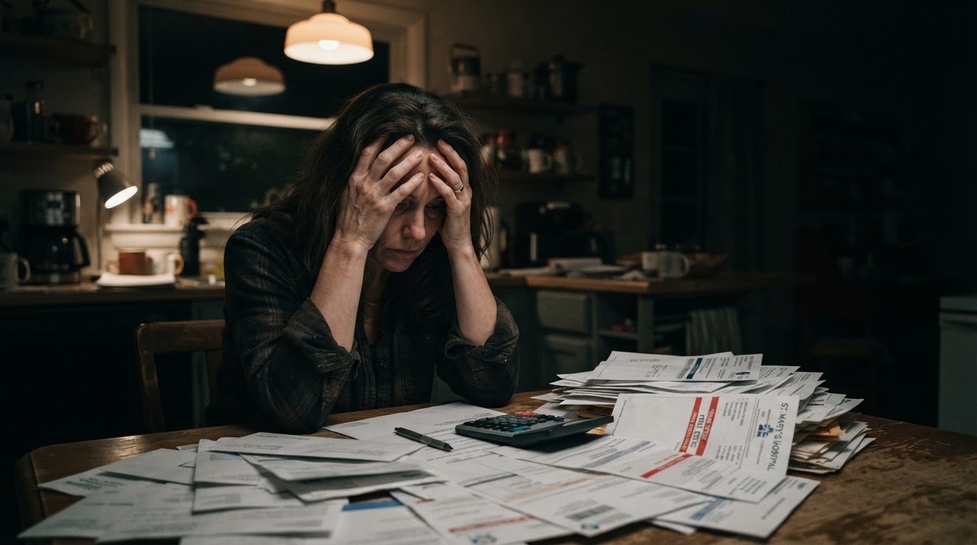 Stressed parent surrounded by unpaid medical bills at night