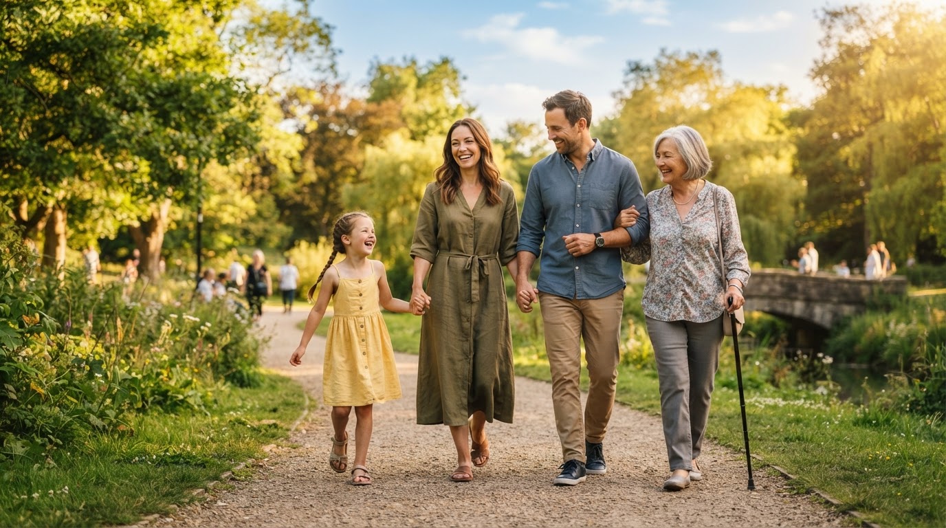 Happy, relieved family enjoying a sunny day in the park