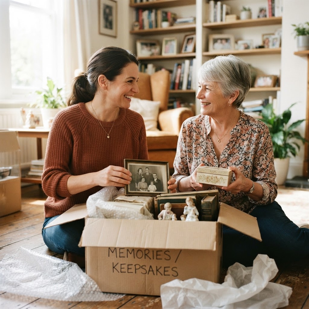 An adult daughter helping her mother in her 70s pack keepsakes into a moving box in their bright home, both smiling