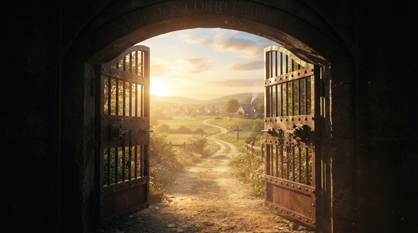 Open prison gate with light leading the way home