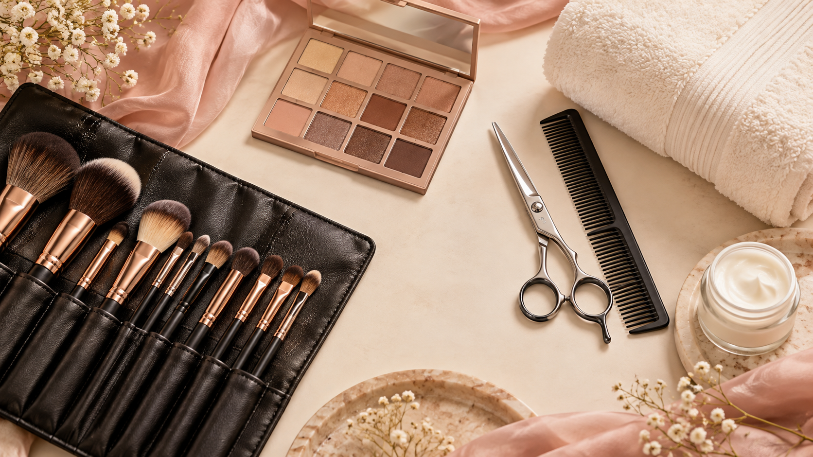 Beauty tools, cosmetics palette, brushes, and salon essentials