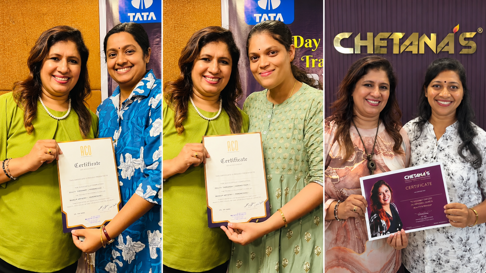 Students receiving graduation certificates with Mrs. Chetana Salian at Chetana's Beauty Academy