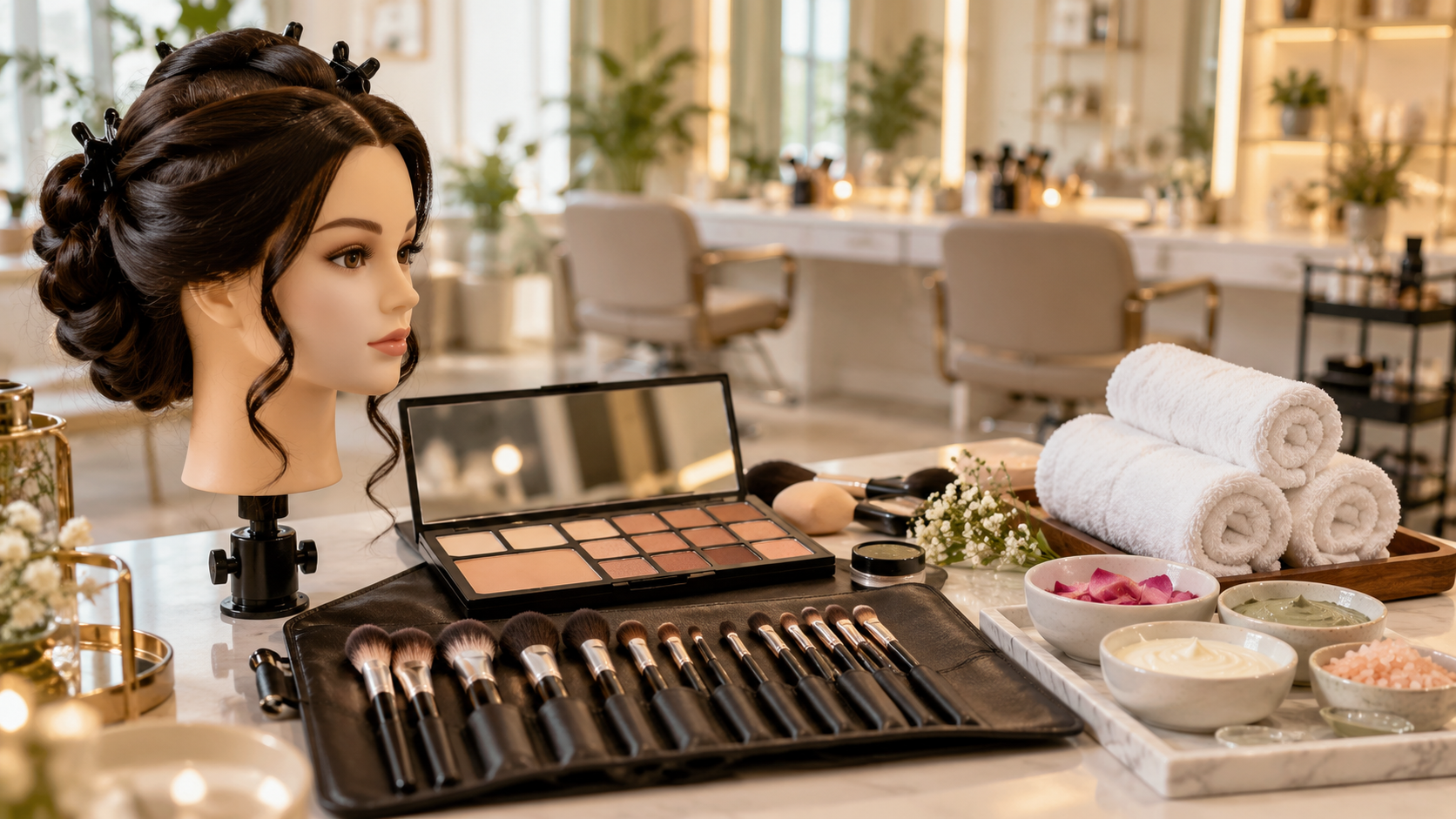 Hairstyling training mannequin, makeup tools, cosmetics, and spa towels