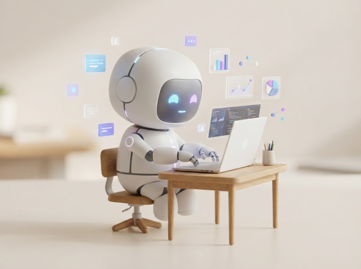 Agente digital trabajando en su computadora, tu compañero que hace la parte difícil