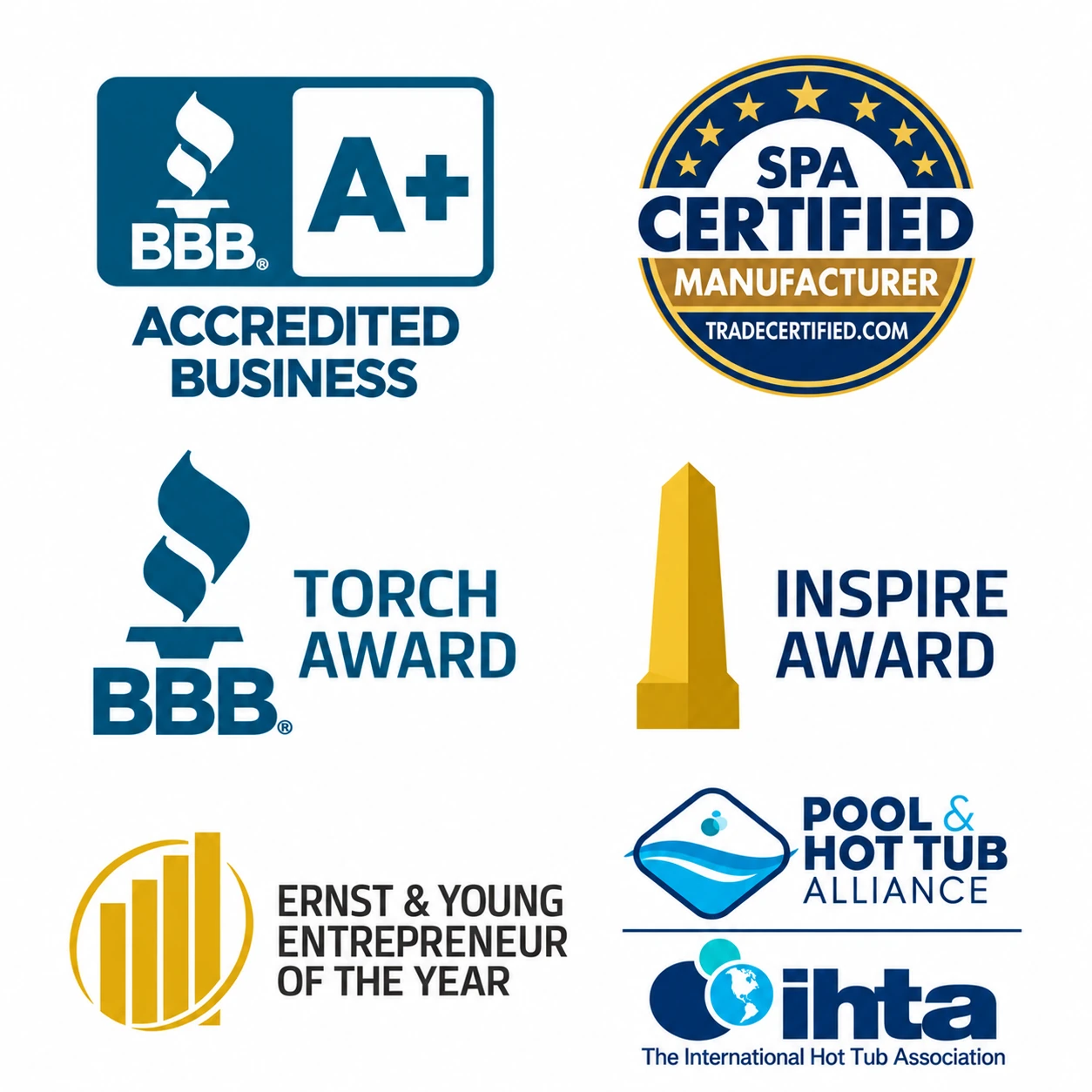 Industry trust badges and awards: BBB A+ Accredited Business, Spa Certified Manufacturer, BBB Torch Award, Inspire Award, Ernst & Young Entrepreneur of the Year, Pool & Hot Tub Alliance, IHTA