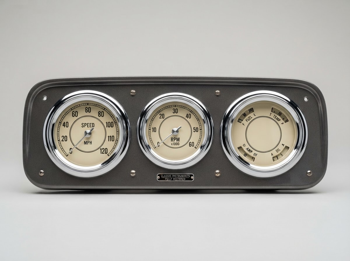 Vintage car instrument cluster with failed chrome restored to mirror finish — Restored