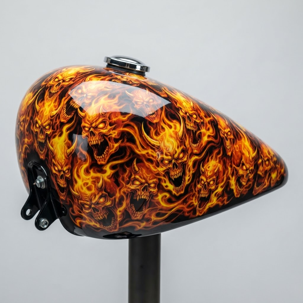 Bare motorcycle fuel tank transformed with custom hydrographic dips — Flame Skulls
