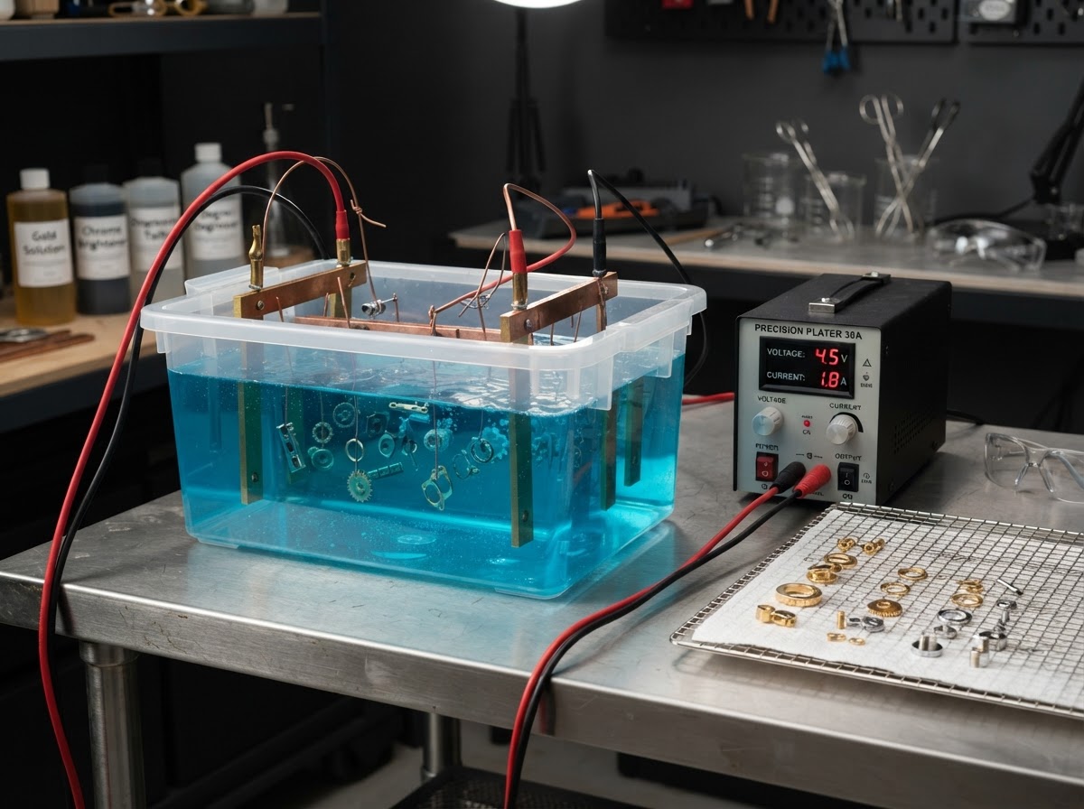 Small object electroplating bath — chrome and gold metal finishes on plastic components