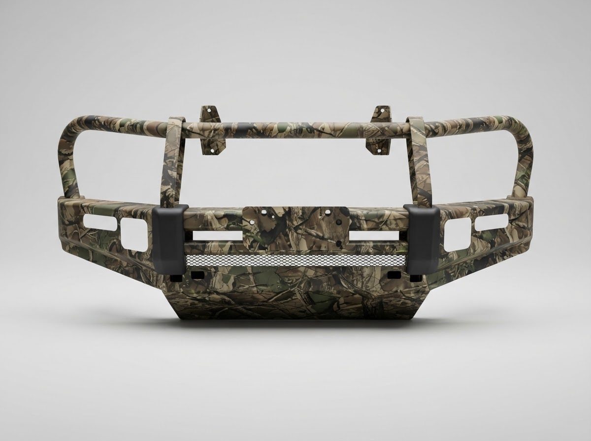 Steel bull bar transformed with a powder-coated camouflage hydrographic dip — Powder-Coated Camo