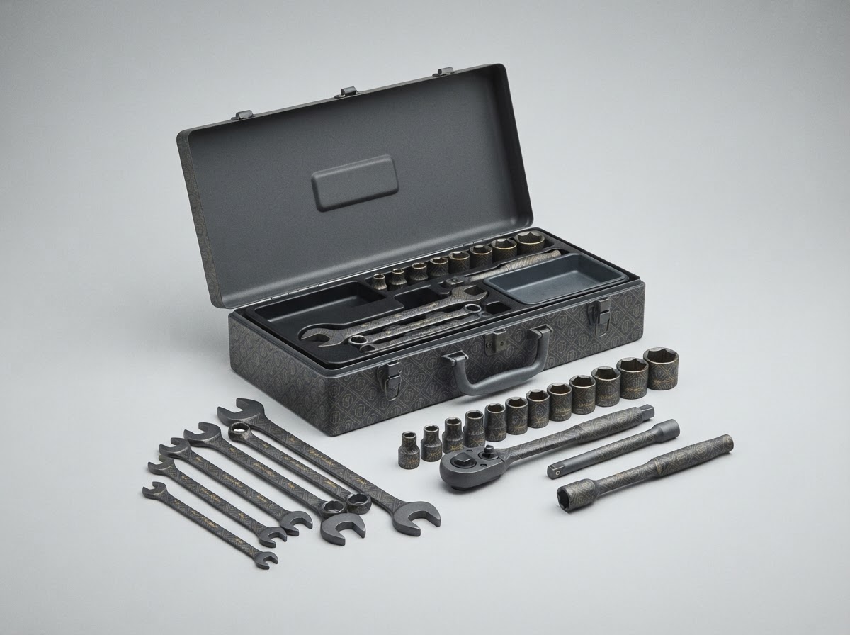 Bare tradie hand tools transformed with a powder-coated branded hydrographic dip — Branded Powder Dip