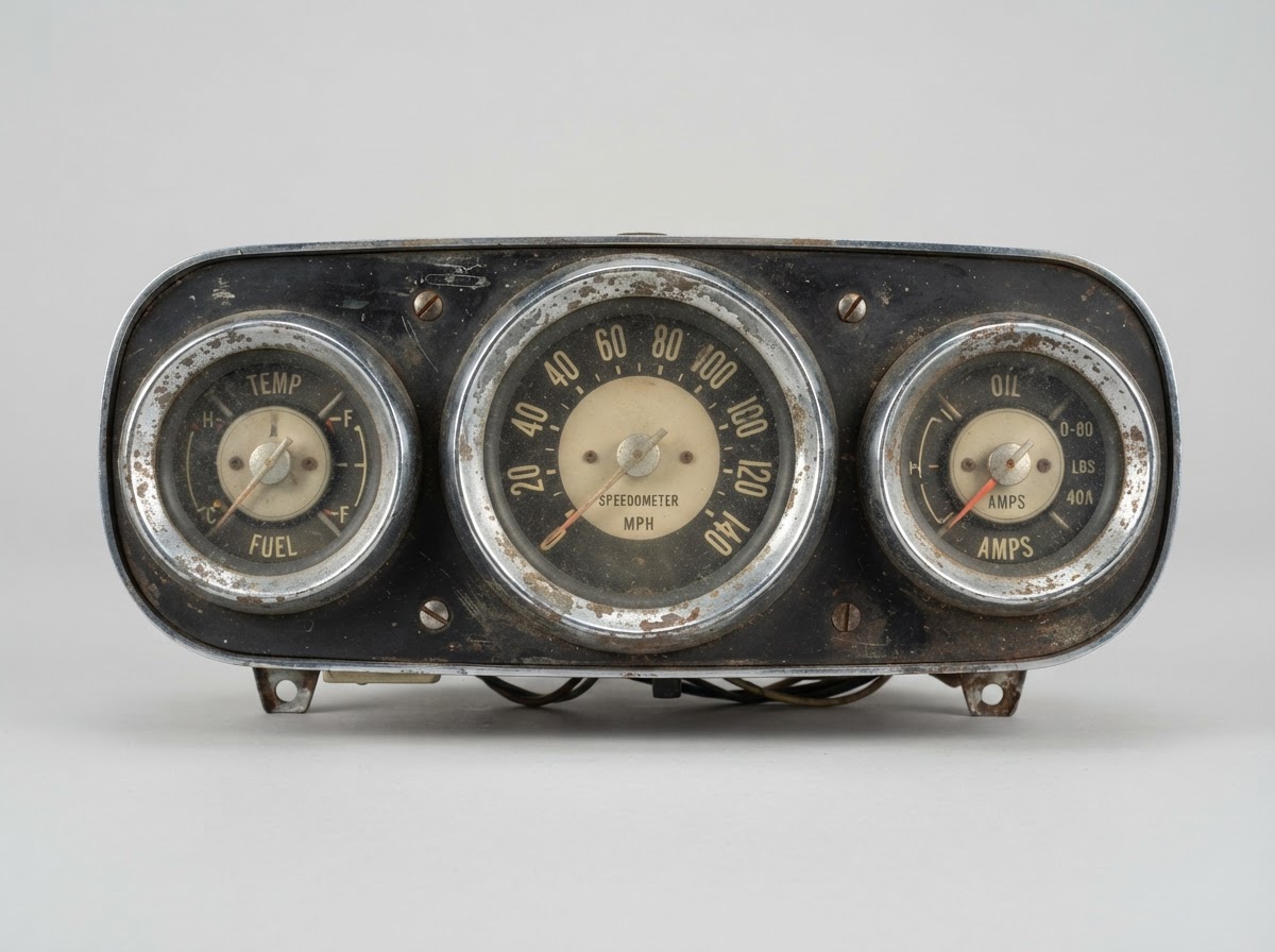 Vintage car instrument cluster restored from failed chrome to burl walnut woodgrain — Failed Chrome