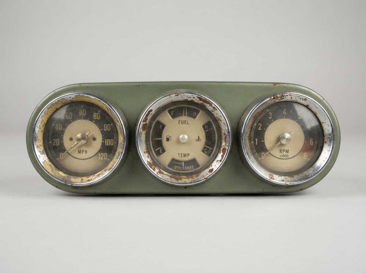 Vintage car instrument cluster with failed chrome restored to mirror finish — Failed Chrome
