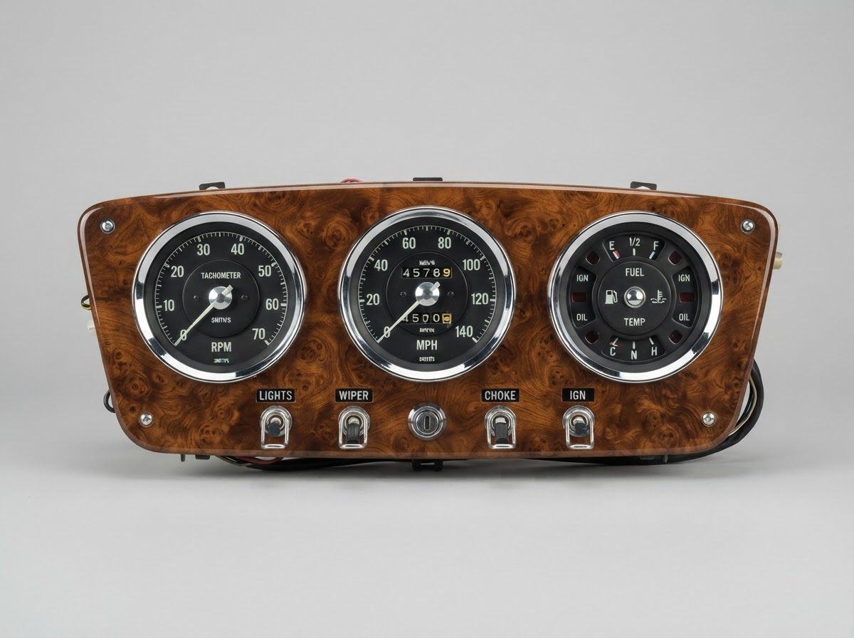 Vintage car instrument cluster restored from failed chrome to burl walnut woodgrain — Woodgrain