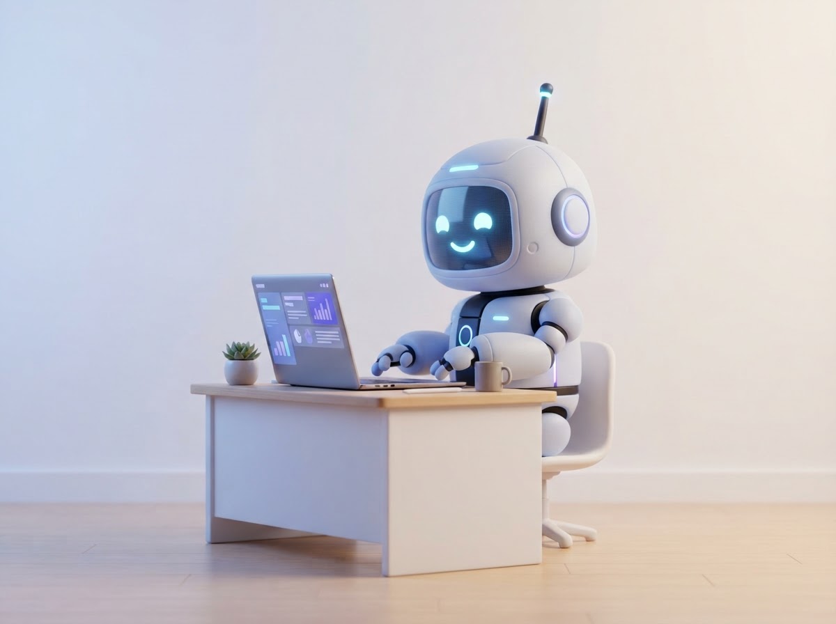 Un agente de IA sonriente sentado frente a una computadora, listo para trabajar por ti