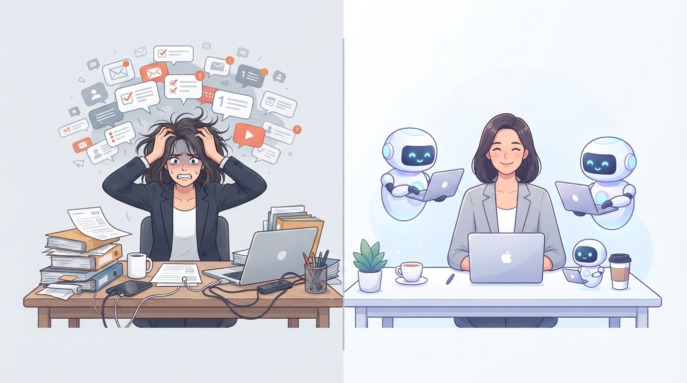 Antes: un empresario saturado. Después: un empresario tranquilo con agentes trabajando