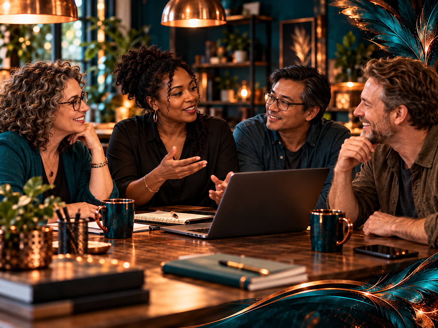 Small Business Owners Success Club members collaborating around a table with laptops and copper mugs, accented by warm lighting and metallic teal and copper feather details.
