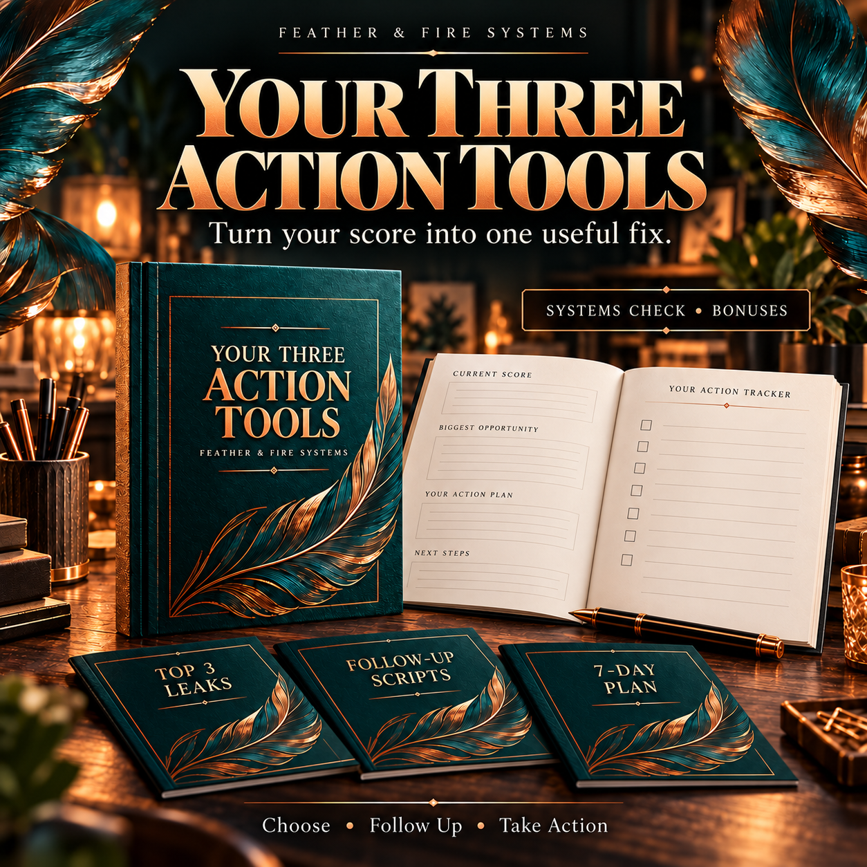 Your Three Action Tools workbook and action sheets in metallic teal and copper: Top 3 Leaks, Follow-Up Scripts, and 7-Day Plan.