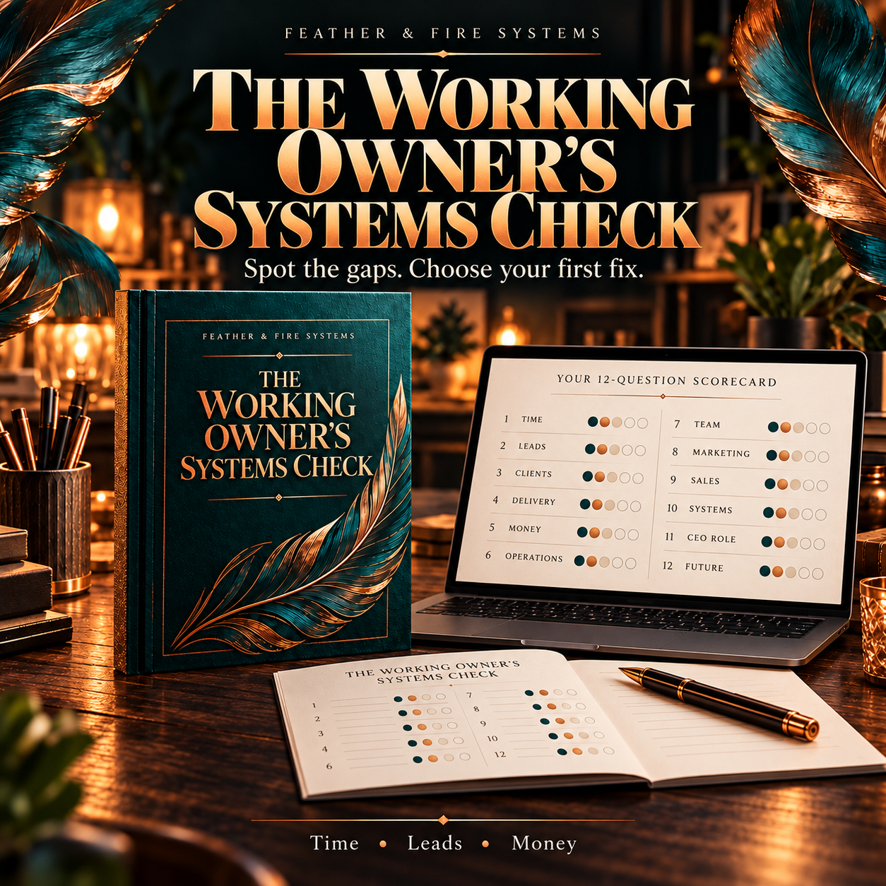 The Working Owner’s Systems Check scorecard cover showing 12-question tracking notebook and laptop in a warm workspace with metallic teal and copper feather accents.