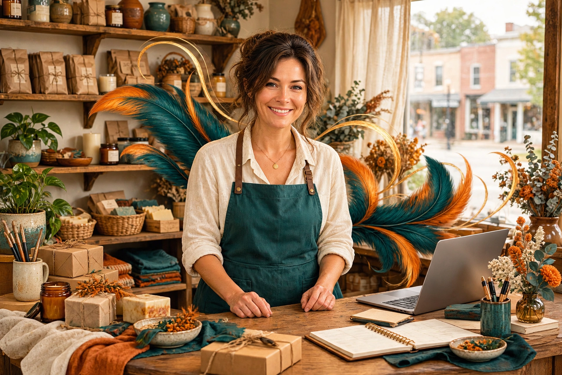 A small business owner in an artisan shop surrounded by handcrafted goods and feather accents, working at a laptop.
