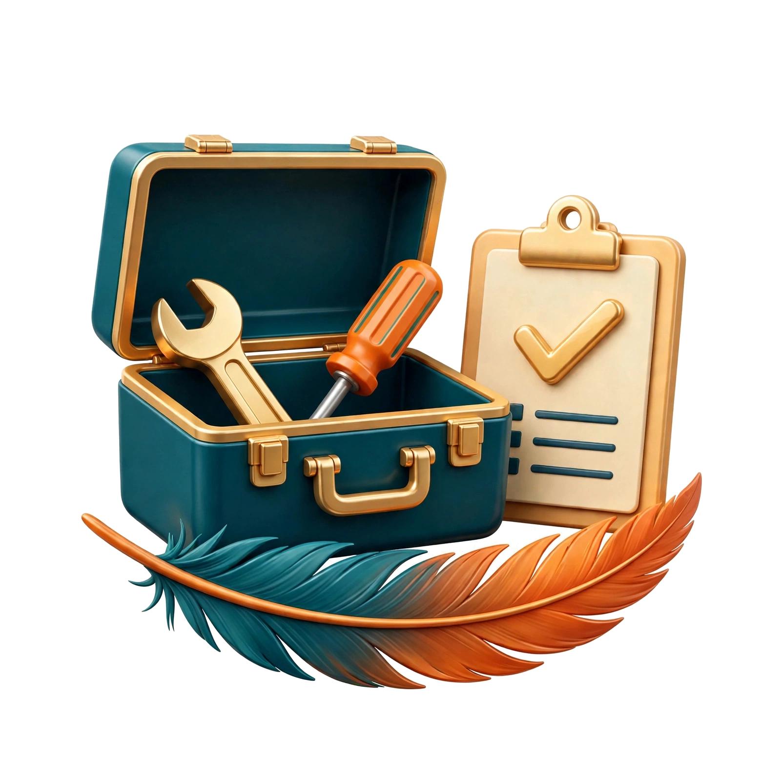 Toolbox with wrench, screwdriver, checklist clipboard and feather icon for one-time setups